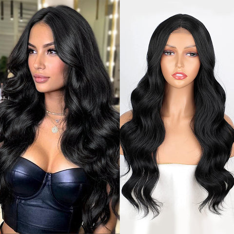 Qp hairMONIXI Synthetic Long Body Wave Wig Black for Women Daily Party Used And Heat Resistant with Middle Part Wigs Looks Natural