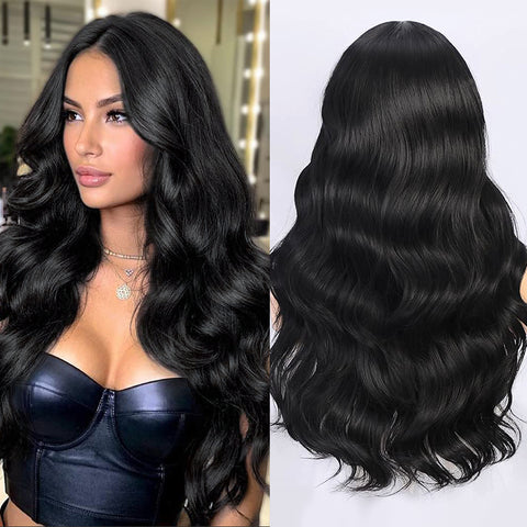 Qp hairMONIXI Synthetic Long Body Wave Wig Black for Women Daily Party Used And Heat Resistant with Middle Part Wigs Looks Natural