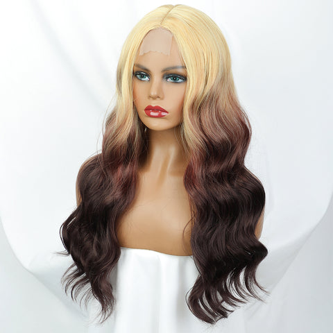 Qp hairMONIXI Synthetic Long Body Wavy Wigs for Women Ombre Blonde to Dark Brown Wig Synthetic Middle Part Wigs Heat Resistant Hair