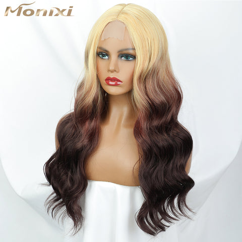 Qp hairMONIXI Synthetic Long Body Wavy Wigs for Women Ombre Blonde to Dark Brown Wig Synthetic Middle Part Wigs Heat Resistant Hair