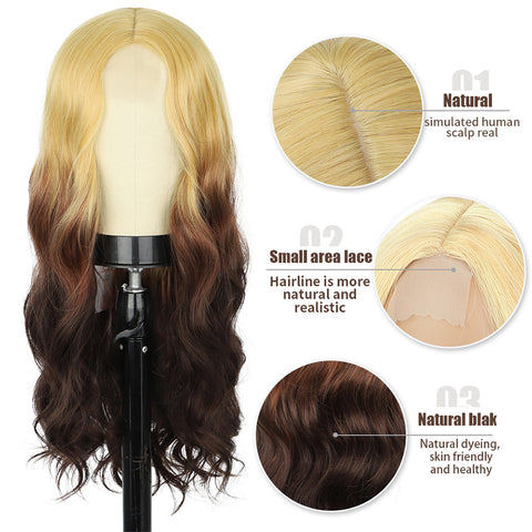 Qp hairMONIXI Synthetic Long Body Wavy Wigs for Women Ombre Blonde to Dark Brown Wig Synthetic Middle Part Wigs Heat Resistant Hair