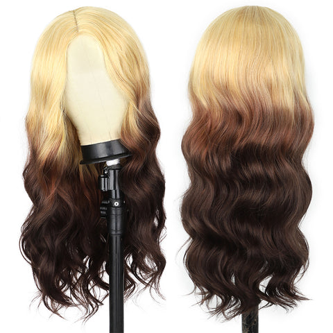 Qp hairMONIXI Synthetic Long Body Wavy Wigs for Women Ombre Blonde to Dark Brown Wig Synthetic Middle Part Wigs Heat Resistant Hair