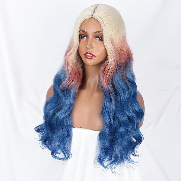 Qp hairMONIXI Synthetic Long Body Wavy Wigs for Women Ombre Blonde to Dark Brown Wig Synthetic Middle Part Wigs Heat Resistant Hair