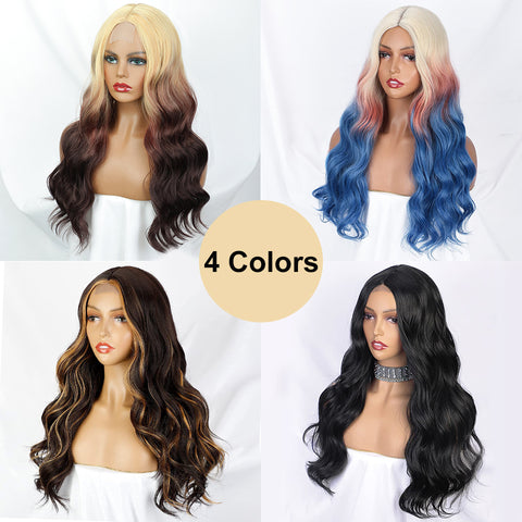 Qp hairMONIXI Synthetic Long Body Wavy Wigs for Women Ombre Blonde to Dark Brown Wig Synthetic Middle Part Wigs Heat Resistant Hair