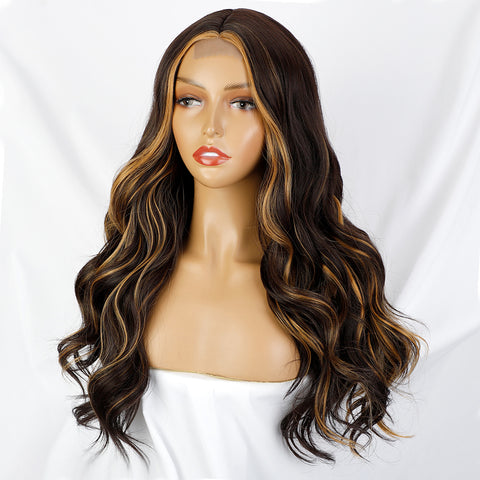 Qp hairMONIXI Synthetic Long Body Wavy Wigs for Women Ombre Blonde to Dark Brown Wig Synthetic Middle Part Wigs Heat Resistant Hair