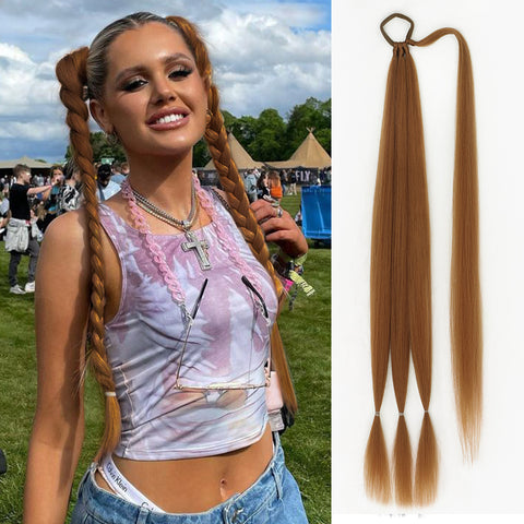 Qp hairMONIXI Synthetic Long Braided Ponytail 26 Inch Wrap Around Ponytail with Hair Rope Ring DIY Braided Hair Pieces for Women