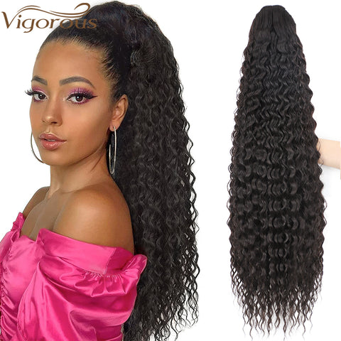 Qp hairMONIXI Synthetic Long Drawstring Kinky Curly Ponytail for Women Clip in Hair Extension Hair Heat Resistant