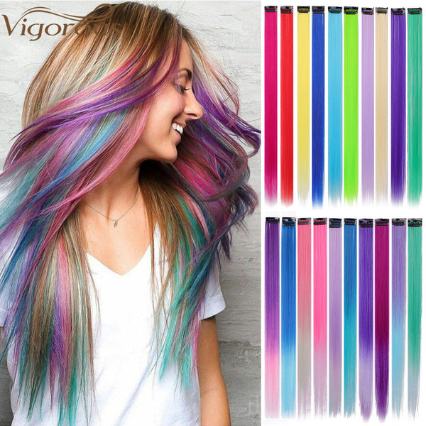 Qp hairMONIXI Synthetic Long Straight Clip In One Piece Hair Extensions 20 Inch Synthetic Two Tone Fake Hair for Women Girls