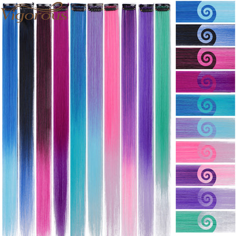 Qp hairMONIXI Synthetic Long Straight Clip In One Piece Hair Extensions 20 Inch Synthetic Two Tone Fake Hair for Women Girls