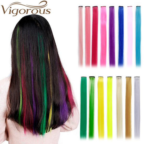 Qp hairMONIXI Synthetic Long Straight Clip In One Piece Hair Extensions 20 Inch Synthetic Two Tone Fake Hair for Women Girls
