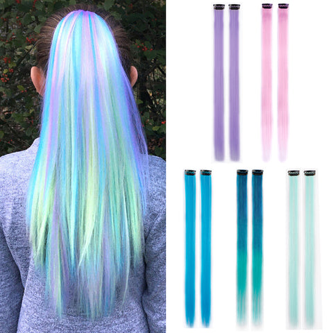 Qp hairMONIXI Synthetic Long Straight Clip In One Piece Hair Extensions 20 Inch Synthetic Two Tone Fake Hair for Women Girls