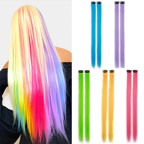 Qp hairMONIXI Synthetic Long Straight Clip In One Piece Hair Extensions 20 Inch Synthetic Two Tone Fake Hair for Women Girls