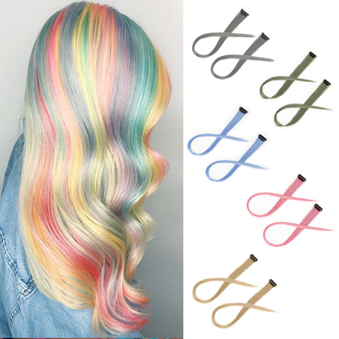 Qp hairMONIXI Synthetic Long Straight Clip In One Piece Hair Extensions 20 inch for Women Girls Rainbow High Temperature Faber Pieces