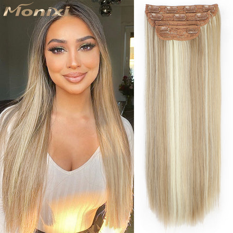 Qp hairMONIXI Synthetic Long Straight Hair Extensions Ombre Blonde Clip in Hair Extensions 4pcs Heat Resistant Hair for Women Cosplay