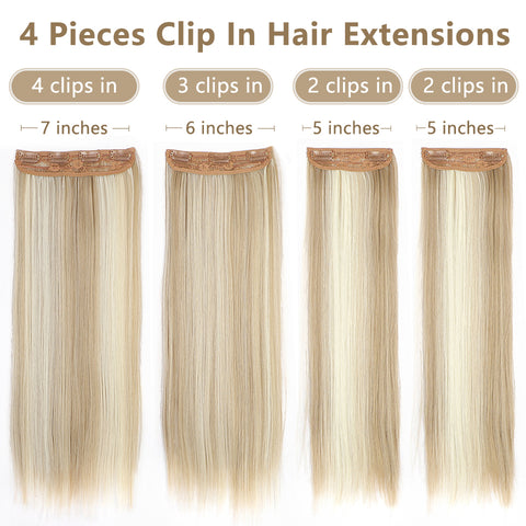 Qp hairMONIXI Synthetic Long Straight Hair Extensions Ombre Blonde Clip in Hair Extensions 4pcs Heat Resistant Hair for Women Cosplay