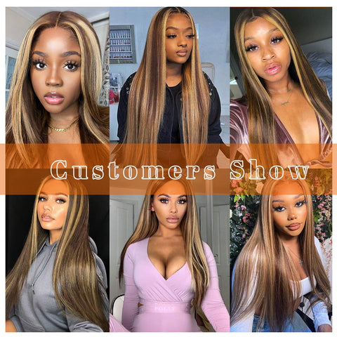 Qp hairMONIXI Synthetic Long Straight Lace Front Wig Brown Mixed Blonde Wigs for Women Middle Part Natural Looking Glueless Hair