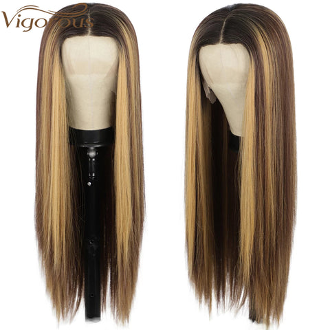 Qp hairMONIXI Synthetic Long Straight Lace Front Wig Brown Mixed Blonde Wigs for Women Middle Part Natural Looking Glueless Hair