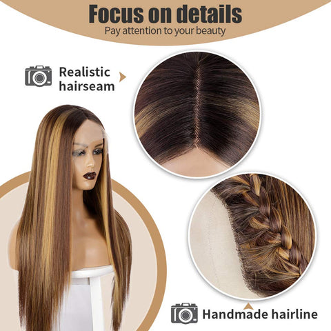 Qp hairMONIXI Synthetic Long Straight Lace Front Wig Brown Mixed Blonde Wigs for Women Middle Part Natural Looking Glueless Hair