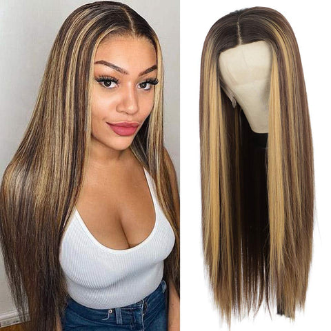 Qp hairMONIXI Synthetic Long Straight Lace Front Wig Brown Mixed Blonde Wigs for Women Middle Part Natural Looking Glueless Hair