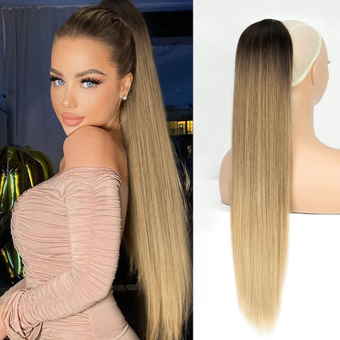 Qp hairMONIXI Synthetic Long Straight Ponytail 30inch Synthetic Drawstring Ponytail  Clip in Hair Ponytail for Black Women