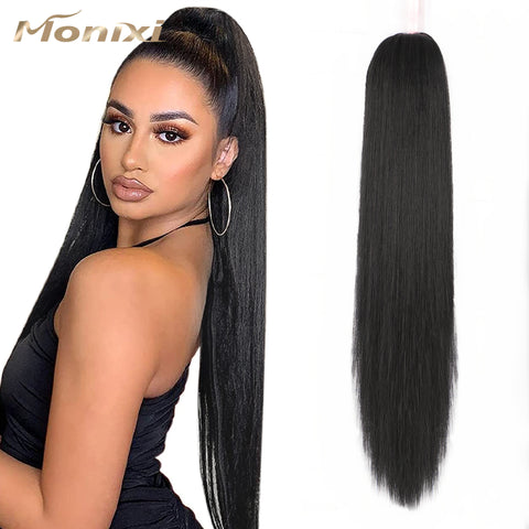 Qp hairMONIXI Synthetic Long Straight Ponytail 30inch Synthetic Drawstring Ponytail  Clip in Hair Ponytail for Black Women