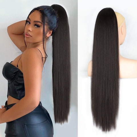 Qp hairMONIXI Synthetic Long Straight Ponytail 30inch Synthetic Drawstring Ponytail  Clip in Hair Ponytail for Black Women