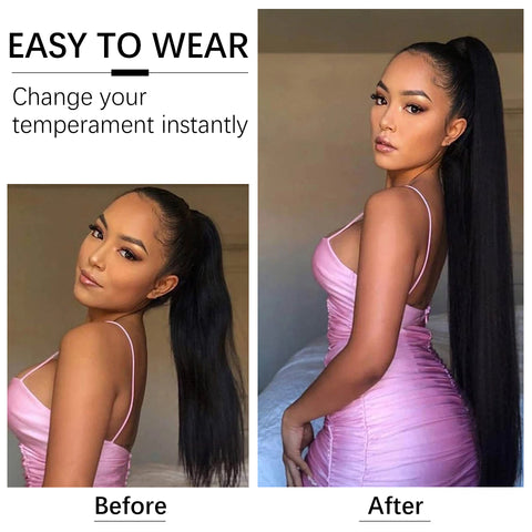 Qp hairMONIXI Synthetic Long Straight Ponytail 30inch Synthetic Drawstring Ponytail  Clip in Hair Ponytail for Black Women