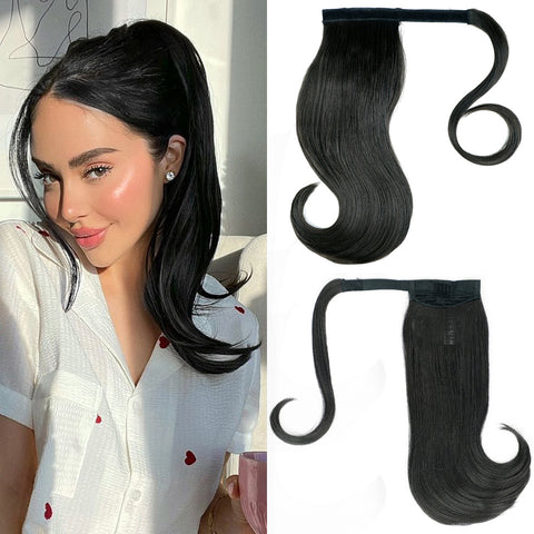 Qp hairMONIXI Synthetic Long Straight  Ponytail Hair Wrap Around Ponytail Clip-on Hair Extensions Natural Black Hairpiece ponytail