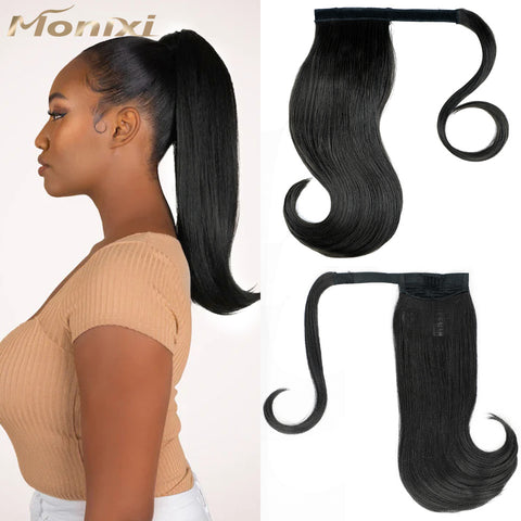 Qp hairMONIXI Synthetic Long Straight  Ponytail Hair Wrap Around Ponytail Clip-on Hair Extensions Natural Black Hairpiece ponytail