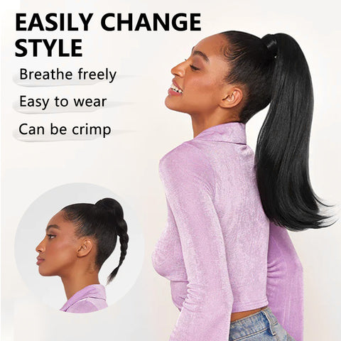 Qp hairMONIXI Synthetic Long Straight  Ponytail Hair Wrap Around Ponytail Clip-on Hair Extensions Natural Black Hairpiece ponytail