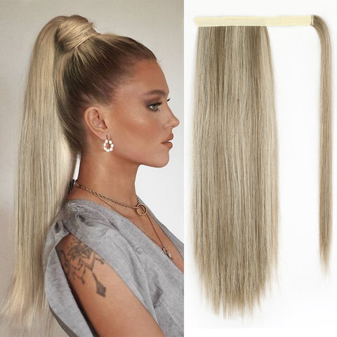 Qp hairMONIXI Synthetic Long Straight Ponytail Wrap Around Clip in Hair Extensions for Women Natural Mix Blonde Pony Hairpiece