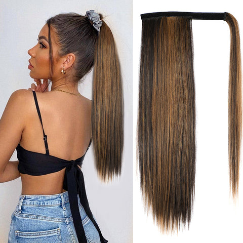 Qp hairMONIXI Synthetic Long Straight Ponytail Wrap Around Clip in Hair Extensions for Women Natural Mix Blonde Pony Hairpiece