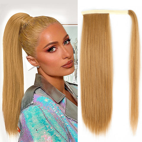 Qp hairMONIXI Synthetic Long Straight Ponytail Wrap Around Clip in Hair Extensions for Women Natural Mix Blonde Pony Hairpiece
