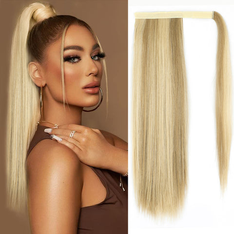 Qp hairMONIXI Synthetic Long Straight Ponytail Wrap Around Clip in Hair Extensions for Women Natural Mix Blonde Pony Hairpiece