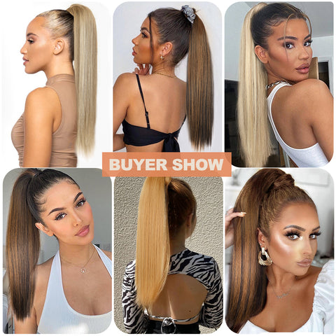 Qp hairMONIXI Synthetic Long Straight Ponytail Wrap Around Clip in Hair Extensions for Women Natural Mix Blonde Pony Hairpiece