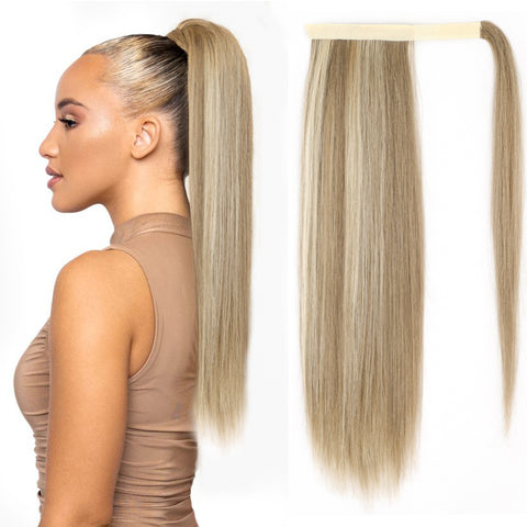 Qp hairMONIXI Synthetic Long Straight Ponytail Wrap Around Clip in Hair Extensions for Women Natural Mix Blonde Pony Hairpiece