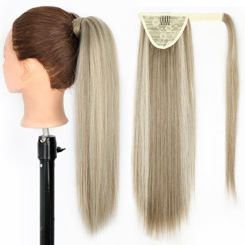 Qp hairMONIXI Synthetic Long Straight Ponytail Wrap Around Clip in Hair Extensions for Women Natural Mix Blonde Pony Hairpiece
