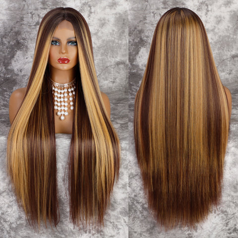 Qp hairMONIXI Synthetic Long Straight Synthetic Wigs for Women Black Natural Middle Wig Heat Resistant Brown Blonde Red Wig