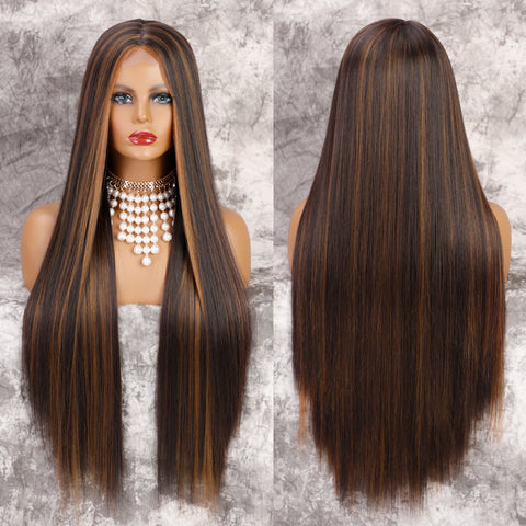 Qp hairMONIXI Synthetic Long Straight Synthetic Wigs for Women Black Natural Middle Wig Heat Resistant Brown Blonde Red Wig