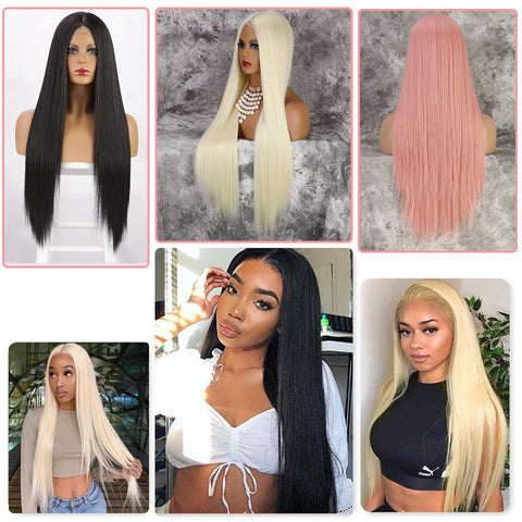 Qp hairMONIXI Synthetic Long Straight  White Wig 60 613 Wigs for Women Middle Part Cosplay Pink Blonde Wig Fake Hair