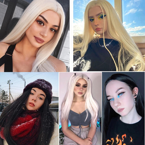 Qp hairMONIXI Synthetic Long Straight  White Wig 60 613 Wigs for Women Middle Part Cosplay Pink Blonde Wig Fake Hair