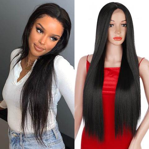 Qp hairMONIXI Synthetic Long Straight Wig Blonde Synthetic Wig for Women Middle Part Natural Black Daily Use Heat Resistant Fake Hair