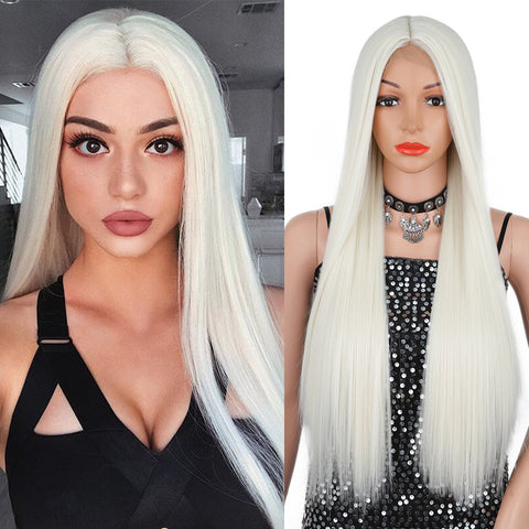 Qp hairMONIXI Synthetic Long Straight Wig Blonde Synthetic Wig for Women Middle Part Natural Black Daily Use Heat Resistant Fake Hair