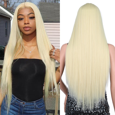 Qp hairMONIXI Synthetic Long Straight Wig Blonde Synthetic Wig for Women Middle Part Natural Black Daily Use Heat Resistant Fake Hair
