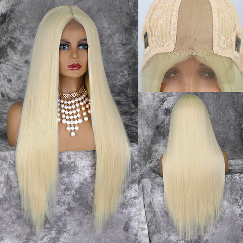 Qp hairMONIXI Synthetic Long Straight Wig Blonde Synthetic Wig for Women Middle Part Natural Black Daily Use Heat Resistant Fake Hair