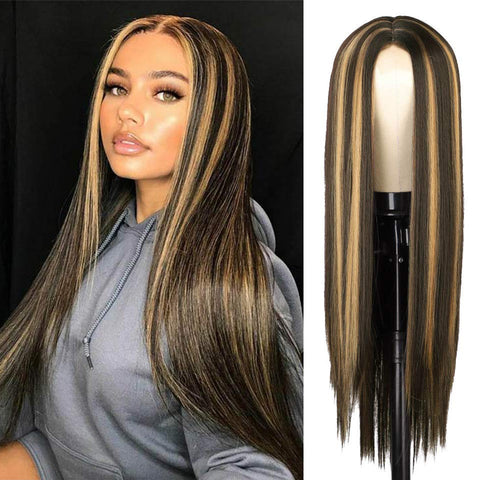 Qp hairMONIXI Synthetic Long Straight Wig Ombre Blonde Wigs for Women Natural Hairline Middle Part Black /Brown/Red Wig