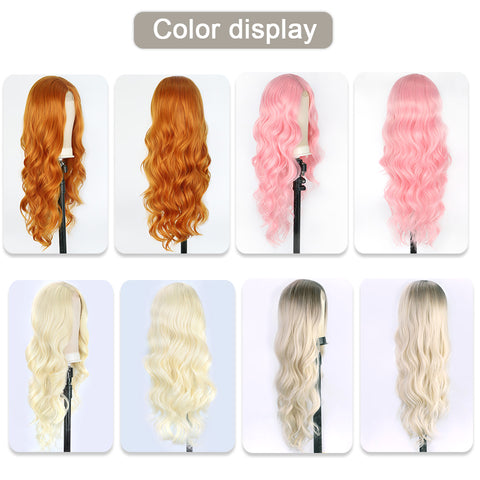 Qp hairMONIXI Synthetic Long Wavy Cosplay Wig Orange Wigs for Women Side Part Natural Black Wig Blonde Pink Cosplay Wig
