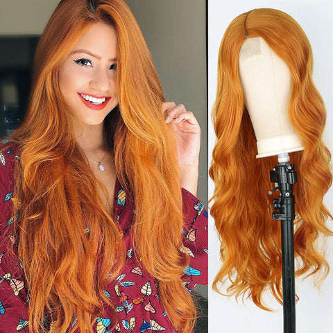 Qp hairMONIXI Synthetic Long Wavy Cosplay Wig Orange Wigs for Women Side Part Natural Black Wig Blonde Pink Cosplay Wig