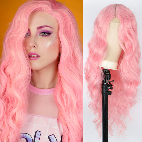 Qp hairMONIXI Synthetic Long Wavy Cosplay Wig Orange Wigs for Women Side Part Natural Black Wig Blonde Pink Cosplay Wig