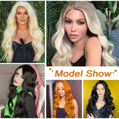 Qp hairMONIXI Synthetic Long Wavy Cosplay Wig Orange Wigs for Women Side Part Natural Black Wig Blonde Pink Cosplay Wig